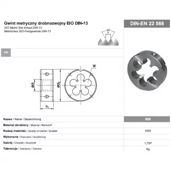Round Thread Cutting Die M16x1 DIN-22568 (6g) HSS 800