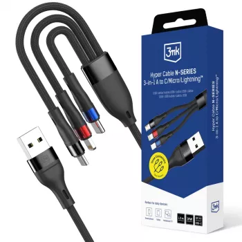 3mk Hyper Cable N-SERIES 3-in-1 USB-A to USB-C/Lightning/MicroUSB 1.2m 9V/2A 18W Black