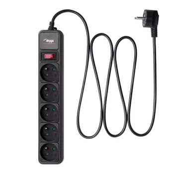 Akyga AK-SP-05A Surge Protection Power Strip, 5 x CEE 7/5 (Type E), Switch, 1.8 m, Black