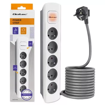 Qoltec 5-Way Extension Lead with Switch, 1.8m Cable, White-Grey