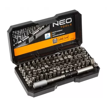 NEO TOOLS 99-Piece Screwdriver Bit Set with Handle, S2 Steel, 1/4 inch Hex, Slotted, Phillips, Pozi, Torx, Security Torx, Hex, Security Hex, Square, Spanner, Tri-Wing, Torq-Set, Clutch, Magnetic Bit Holder, Adapter, Extension Bar, Storage Case