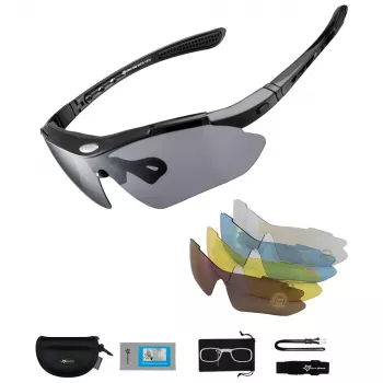 Rockbros 10003 Polarised Cycling Glasses with 5 Interchangeable Lenses, UV400, TR90 Frame, Black