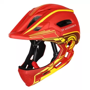 Wozinsky Full-Face Children's Bike Helmet with USB Rear Light, Red-Yellow, 52-56 cm