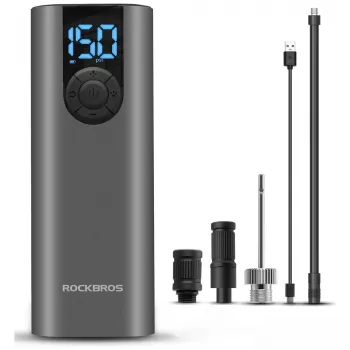 ROCKBROS Electric Bike Pump with LED Display, USB-C Charging, 150 PSI, Presta/Schrader/Dunlop, Black