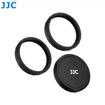 JJC LRR-OA6K2 Lens Cap & Deco Ring Set for DJI Osmo Action 6 (Black Cap, Red & Blue Rings)