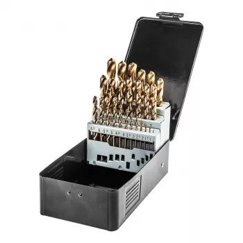 NEO TOOLS 25-Piece HSS-TiN Twist Drill Bit Set for Metal, 1.0–13.0 mm, DIN 338, 135° Cross Grind, Metal Case
