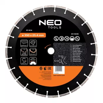 NEO TOOLS 350 mm Laser-Welded Segmented Diamond Cutting Disc, 25.4 mm Bore, for Concrete, Asphalt, Stone