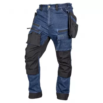 NEO TOOLS Denim Work Trousers with Cordura Reinforcements and Removable Holster Pockets, Navy Blue, Size S