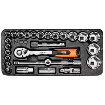 NEO TOOLS 84-238 1/2 inch Drive Socket Wrench Set 27-Piece with Ratchet, Extensions, Universal Joint, Sliding T-Handle, and Case | CrV Steel | 10-32 mm