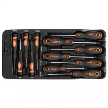 NEO TOOLS 12-Piece Precision and Standard Screwdriver Set with PZ, TX, Slotted, Phillips, Magnetic Tips, Chrome Vanadium Steel, Two-Component Handles, Storage Tray