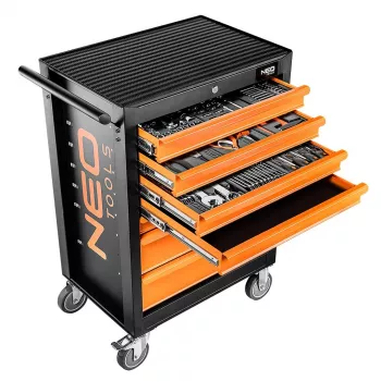 NEO TOOLS workshop cabinet with 7 drawers and 129-Piece tool set, red/black, ball bearing slides, central locking, 400 kg load capacity