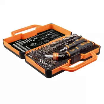 NEO TOOLS 69-Piece Screwdriver Bit Set with Ratchet Handle, S2 Steel Bits, 1/4 inch Hex, Phillips, Pozidriv, Slotted, Torx, Hex, Square, Spanner, Tri-Wing, Torq-Set, Magnetic Holder, Storage Case