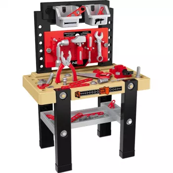 NEO TOOLS mini children's tool workshop set 3-in-1 case backpack workbench with 40+ accessories, toy drill, tools, nuts & screws, for children aged 3 and over