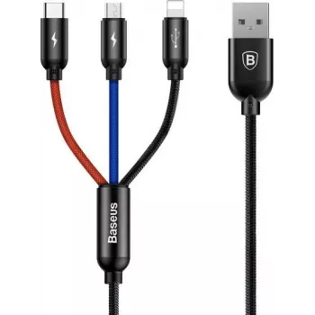 Baseus Primary Colors 3-in-1 USB 2.0 Type-A to Micro, USB-C & Lightning Cable 30cm Black/Red/Blue