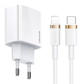 USAMS T34 20W USB-C PD Wall Charger with U63 USB-C to Lightning Cable Kit - White