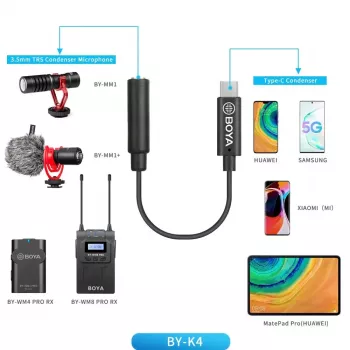 BOYA BY-K4 3.5mm TRS Female to USB-C Male Adapter Cable for Microphones (6 cm, Black)