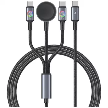 USAMS Huan Series SJ754 72W USB-C to USB-C Cable with Integrated Magnetic Wireless Smartwatch Charger, Black, 1.2m