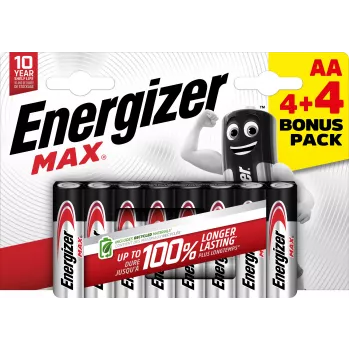 Energizer Max AA Alkaline Batteries, 1.5 V, 8-Pack (4+4)