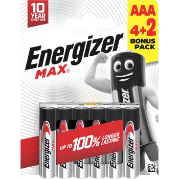 Energizer Max AAA Alkaline Batteries, 1.5 V, 6 Pack (4+2)