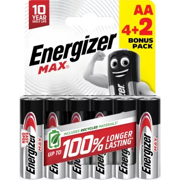Energizer Max AA Alkaline Batteries, 1.5 V, 6-Pack (4+2)