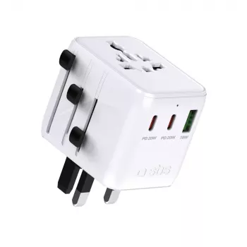 SBS Universal Travel Adapter with 2x USB-C PD 20W and 1x USB-A QC 18W, 35W Total Power, White