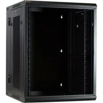 DSIT 15U wall-mount server cabinet with glass door and perforated side panels, 600x600x770 mm, black