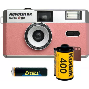 Swiss+Go Novocolor 35mm analog camera pack with flash, Pink (SWI401611)