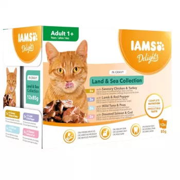 EUKANUBA IAMS DELIGHTS Land & Sea Collection in Gravy Wet Food for Cats – 12x85g Pouches (Salmon & Cod, Chicken & Turkey, Lamb & Red Pepper)