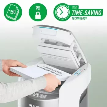 Leitz IQ Optimax AutoFeed 150 Paper Shredder, P-5, 150 Sheets, 15 L Bin