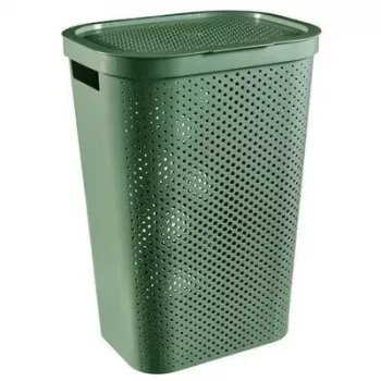 CURVER Infinity Recycled 60L Laundry Box, Green, 44x35x60 cm, Ventilated Laundry Basket Made of Recycled Plastic with Lid and Handles