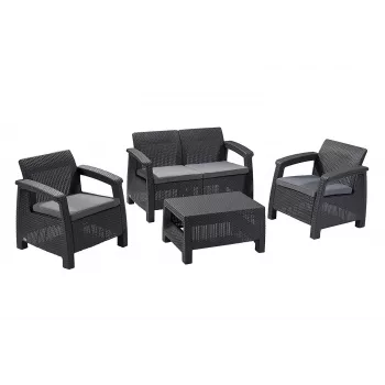 KETER Corfu Garden Furniture Set Grey - 4 Seater Sofa, 2 Armchairs, Coffee Table