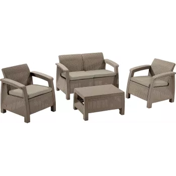 KETER Corfu Set 3-Piece Beige Garden Furniture Set in Rattan Look with Grey Cushions