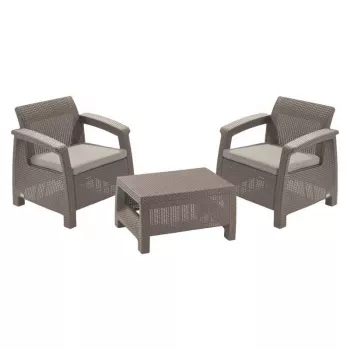 KETER Corfu Weekend Beige Garden Furniture Set - 2 Armchairs & Coffee Table, Rattan Look Outdoor Lounge Set