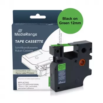 MediaRange Plastic Label Tape Cassette, replaces Dymo D1 45019/S0720590, 12 mm x 7 m, Laminated, Permanent Adhesive, Black on Green (MRDY45019)