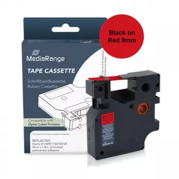 MediaRange Plastic Label Tape Cassette, Replaces Dymo D1 40917/S0720720, 9 mm x 7 m, Laminated, Permanent Adhesive, Black on Red (MRDY40917)