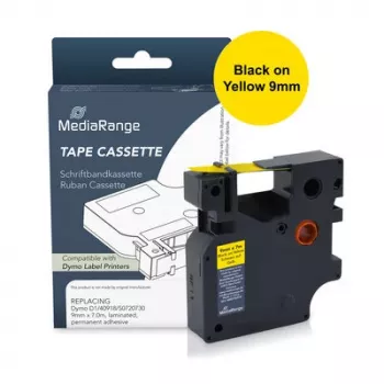 MediaRange Plastic Label Cassette, Replaces Dymo D1 40918/S0720730, 9 mm x 7 m, Laminated, Permanent Adhesive, Black on Yellow (MRDY40918)
