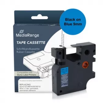 MediaRange Plastic Label Cassette, Replaces Dymo D1 40916/S0720710, 9 mm x 7 m, Laminated, Permanent Adhesive, Black on Blue (MRDY40916)