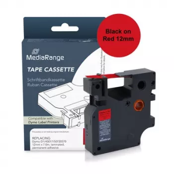 MediaRange Plastic Label Tape Cassette, Replaces Dymo D1 45017/S0720570, 12 mm x 7 m, Laminated, Permanent Adhesive, Black on Red (MRDY45017)