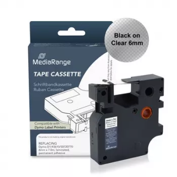 MediaRange Plastic Label Tape Cassette, Replaces Dymo D1 43610/S0720770, 6 mm x 7 m, Laminated, Permanent Adhesive, Black on Transparent (MRDY43610)