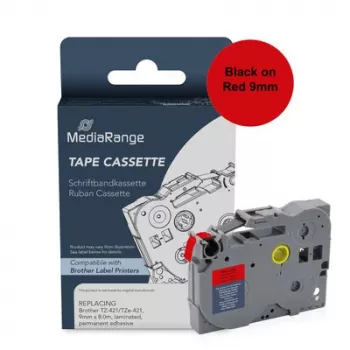 MediaRange Label Tape Cassette, Replaces Brother TZ-421/TZe-421, 9 mm x 8 m, Laminated, Permanent Adhesive, Black on Red (MRBTZ421)