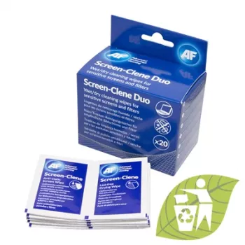 AF Screen-Clene Duo Wipes - Wet/Dry Cleaning Wipes for Screens, 20 Sachets (10 Wet + 10 Dry)