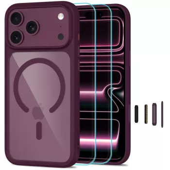 TECH-PROTECT MagOne MagSafe Case with Tempered Glass Screen Protector 2-Pack for iPhone 17 Pro Max / 18 Pro Max – Dark Cherry/Transparent