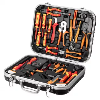 NEO TOOLS 25-Piece electrician's tool case set, VDE-insulated hand tools with voltage tester, wire stripper, pliers, screwdrivers and accessories in a sturdy plastic case