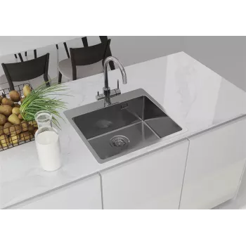 DEANTE ZPO_010B Single Bowl Stainless Steel Kitchen Sink, Satin, 440x440 mm, Inset, with Drain Fitting