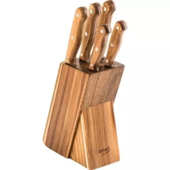 LAMART LT2080 Acacia Wood Knife Block Set, 5 Stainless Steel Knives