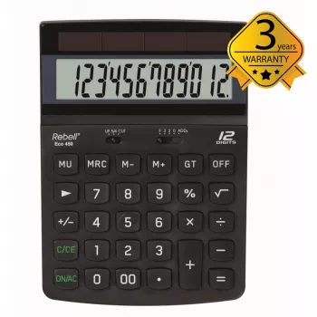 REBELL RE-ECO 450 BX Desktop Calculator, 12-Digit LCD, Dual Power, Recycled Plastic, Black
