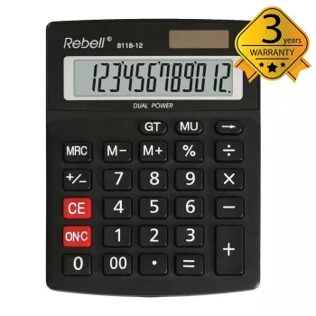 REBELL RE-8118-12 BX Semi-Desktop Pocket Calculator, 12-Digit Angled LCD, Dual Power Solar & Battery, Black