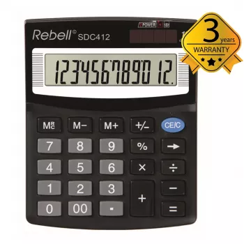 REBELL RE-SDC412 BX semi-desktop calculator, 12-Digit LCD, dual power, black