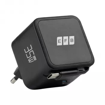 EFB Elektronik G352CE 35W GaN USB-C Wall Charger with Retractable 0.7m Cable, PD3.0 & QC3.0, Black