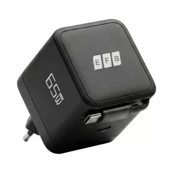 EFB Elektronik G652CE 65W GaN USB-C PD 3.0 Wall Charger with Retractable Cable, Black